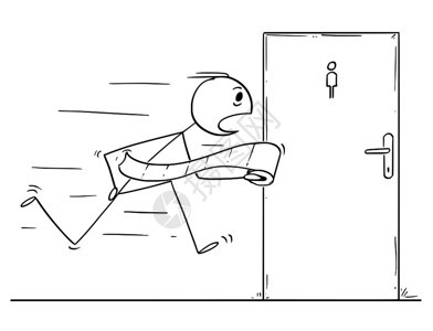 卡通棍图描绘有厕所纸卷的人在公共厕所或洗手间上跑来去的人概念插图图片