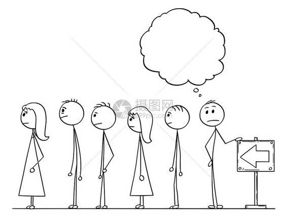 卡通棒图绘制人类在排队或等待空白的语音泡沫或上面的文字单词图片