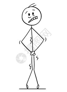 卡通棍子图在概念上说明男人用手在拐杖或腹股沟上受苦标记某种疾病或需要尿图片