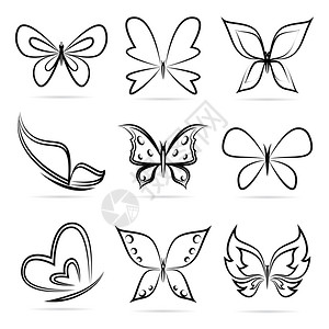 展开的翅膀白色背景的蝴蝶矢量组插画