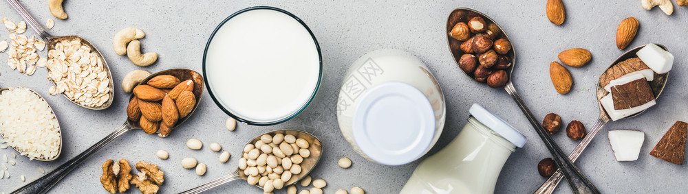 Vegan素食清洁饮概念Vegan牛奶和生锈背景的成分平铺图片