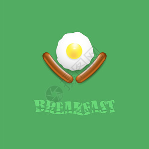 与天然鸡蛋和两种真实的食油香肠在绿色背景上隔离的早餐图标与天然鸡蛋和两种香肠的早餐图标图片