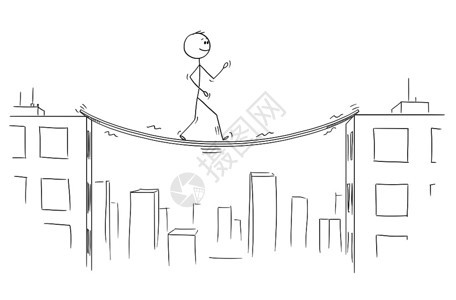 卡通棍子图描绘了男人或商在高楼之间走不稳定和摇的桥梁上概念图图片