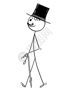 卡通棍图绘制以顶帽子和棍棒或拐杖走路的芥子先生概念图图片