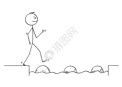 斯蒂里摸着石头过河的卡通火柴人插画