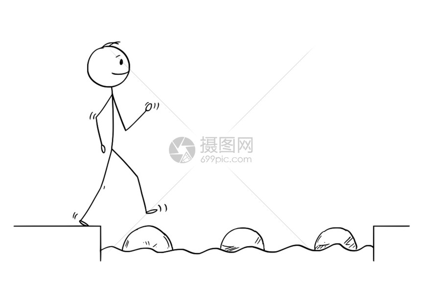 摸着石头过河的卡通火柴人