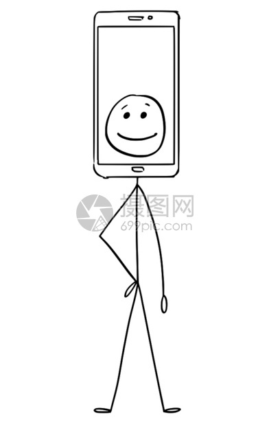用移动电话显示表情图像作为头部使用移动电话显示表情的漫画作为头部图片