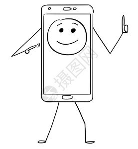 卡通粘贴画图绘制移动电话字符的概念插图以笑的表情作为头部显示为头部的有表情移动电话字符卡通图片
