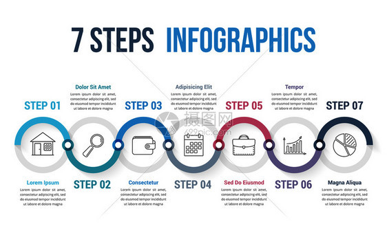 包含7个步骤或选项工作流程图矢量eps10插图的表模板图片