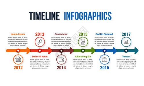 带有箭头工作流程或图矢量eps10插图的横向时间线信息图模板图片