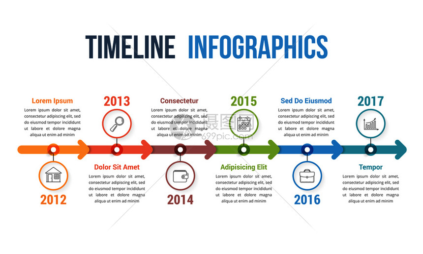 带有箭头工作流程或图矢量eps10插图的横向时间线信息图模板图片