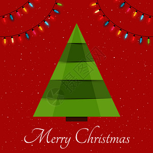 圣诞树红背景有圣诞灯贺卡快乐矢量Eps10插图图片