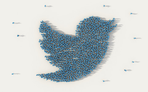 在社交媒体和白人背景的社区概念中形成Twitter鸟飞行符号的一大批人图片