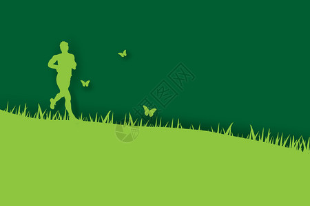 3D纸质艺术和手工年轻跑步者在绿色背景的公园里与绿草一起跑步男人在户外快乐放松的花园里有自然蝴蝶到处飞翔照顾健康victor图片