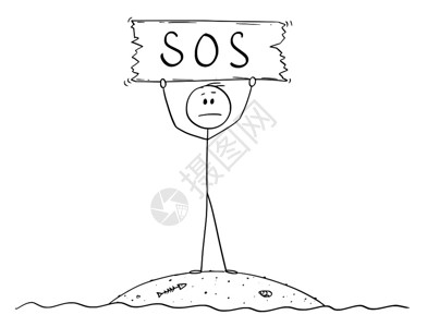 卡通棍子图解在小岛上独自生存并持有sos标志的被抛弃者概念说明插画