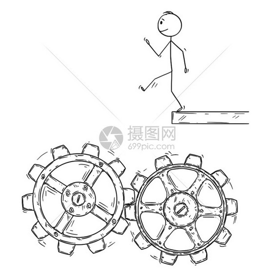 卡通棍子图描绘了男人或商无艺术行走和跌落到机器科格轮上的概念图图片