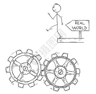 卡通棍子图描绘了男人或商无艺术行走和跌落到机器科格轮上的概念图期望和现实世界的Metaphorof期望和现实世界Man或商人的卡图片