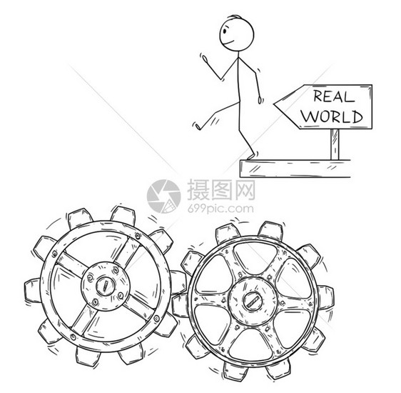 卡通棍子图描绘了男人或商无艺术行走和跌落到机器科格轮上的概念图期望和现实世界的Metaphorof期望和现实世界Man或商人的卡图片