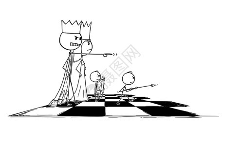 卡通棒图绘制大象棋王派小当兵人去打仗或战斗的概念图权力和支配地位的比喻象棋王的卡通将小象棋图送去战斗图片