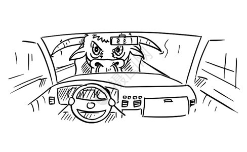 汽车仪表板和驾驶员手放在方向盘卡通棍图绘图片