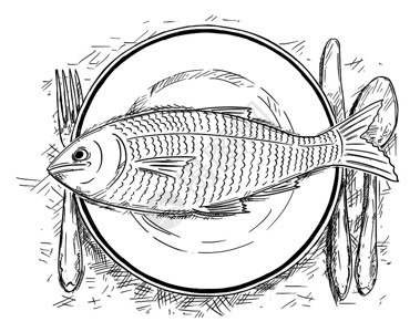 卡通绘制晚餐盘上鱼食最佳景象的插图插画