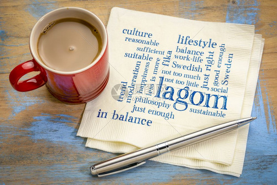瑞典均衡生活方式概念的平衡生活方式餐巾纸上的字云加一杯咖啡图片