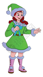 青年全身绿圣诞女青年精灵服装矢量插图插画