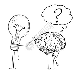 卡通棒图绘制灯泡或字符的概念插图在思考大脑的背面利用灯泡或字符创意和思想的商业概念灯泡字符的卡通图在思考大脑的背面挂图图片