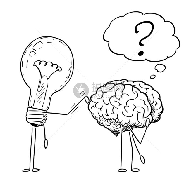 插画 其他 企业文化 卡通棒图绘制灯泡或字符的概念插图在思考大脑的