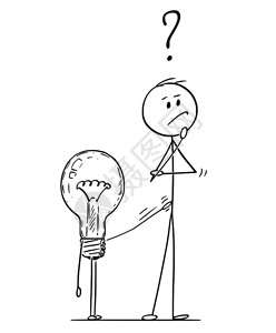 卡通棒图描绘男人或商思考问题战略的概念图灯泡或正在利用他来提供解决办法图片
