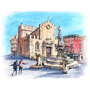 意大利西里岛托尔米纳的陶大教堂和广场Duomo喷泉水彩色草图意大利西里岛托尔米纳的杜奥莫广场图片