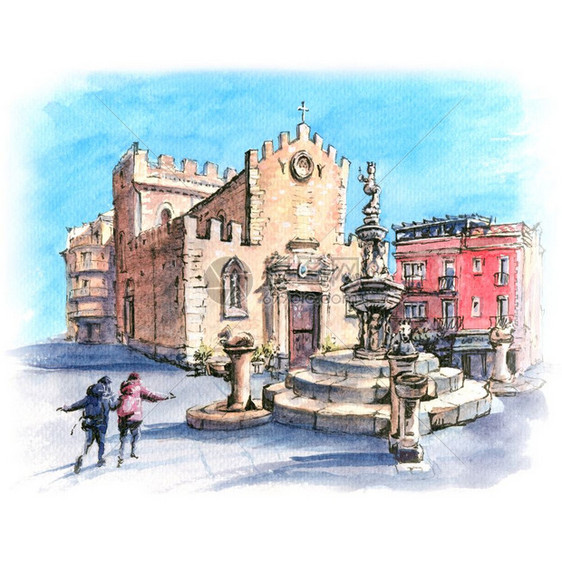 意大利西里岛托尔米纳的陶大教堂和广场Duomo喷泉水彩色草图意大利西里岛托尔米纳的杜奥莫广场图片