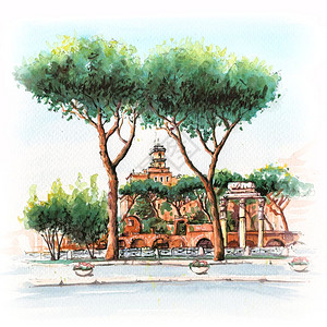 意大利罗马古老城市的典型罗马塔废墟和石头松树水彩画图片