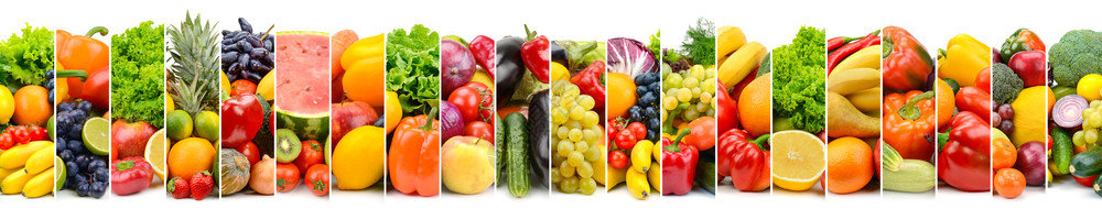 白色背景的垂直条纹框中的全景光照蔬菜和水果图片