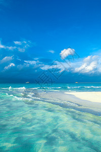 卡通马具有白沙滩和海的马尔代夫热带岛屿背景
