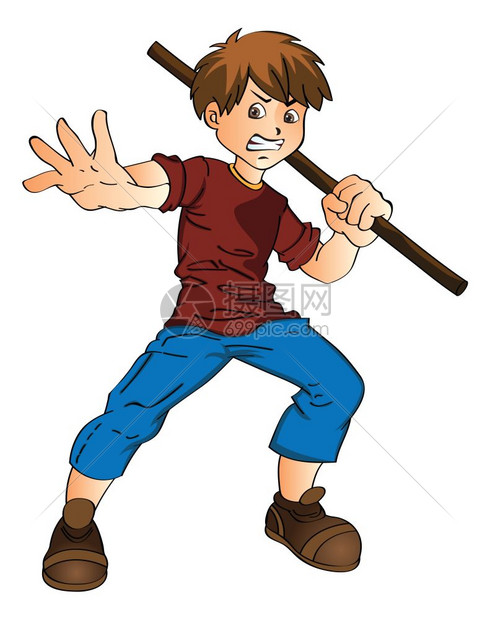 带棍子的年轻人矢量插图