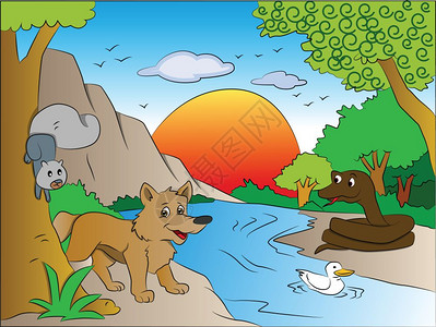 惊吓背景矢量说明惊吓松鼠和狐狸看着蛇在湖的另一边插画