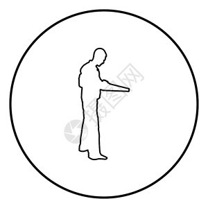 手拿着工具的修理总管手掌上身穿全服的修理师在圆形图示平板风格的简单图像中看到标的黑颜色矢量轮廓图示图片