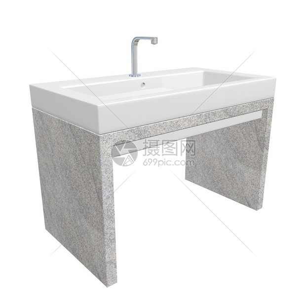 由陶瓷或丙烯洗浴盆铬固定装置和花岗岩基组成的现代洗手间水槽3d插图在白色背景下隔离图片