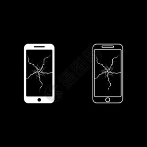 中心断的触摸屏玻璃电话图标设置白色矢量插图平板风格的简单图像插画