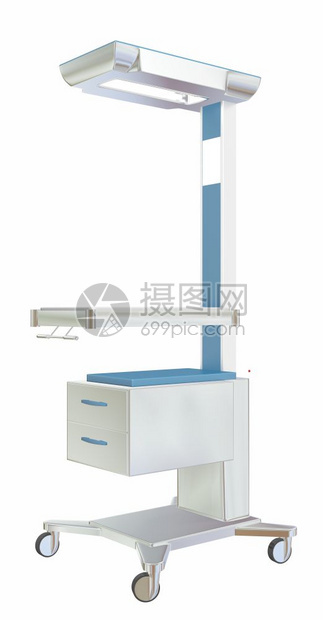 2个抽屉和顶灯白色蓝金属3D插图D的移动医疗通用表在白色背景下隔离图片