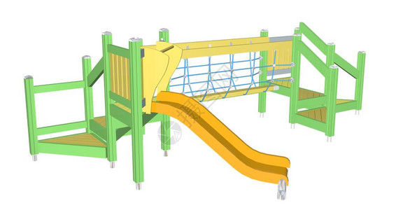 Kiddie幻灯片和拖网黄色绿3D插图以白色背景孤立图片