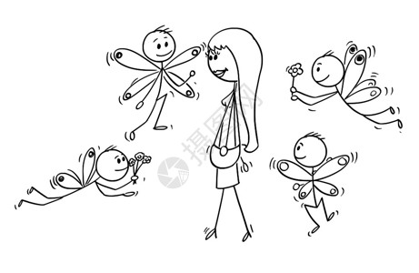 卡通棍图描绘有吸引力的年轻美女和一群爱的斯温丝像蝴蝶一样绕着她飞来去的概念插图图片