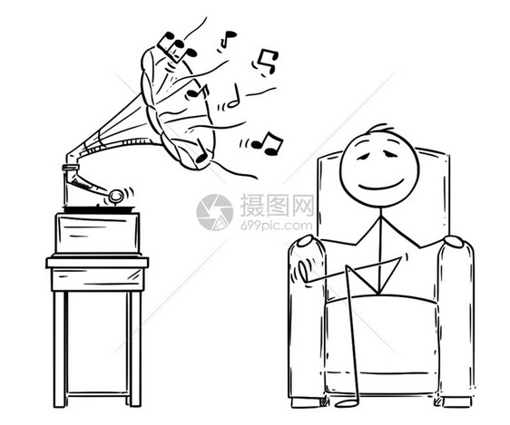 卡通棍子图描绘了男人坐在舒适的扶手椅上享受古老的闭着眼睛留声器听力音乐概念图图片