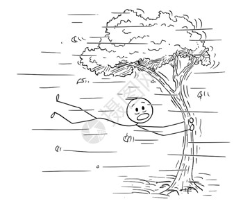 被大风刮后抱着树干的火柴人矢量卡通插图背景图片