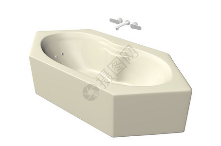 带不锈固定装置在白色背景下隔离的奶油色六边泡浴缸图片