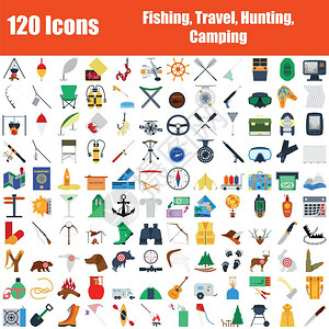 一组120个图标渔业旅行狩猎露营主题彩色平板设计矢量说明背景图片