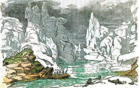 极地海冰山和漂浮川由自然创造和人类所雕刻的古老图解图片