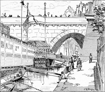 PontNeuf的银行刻有古老的插图巴黎AugusteVITU1890年图片