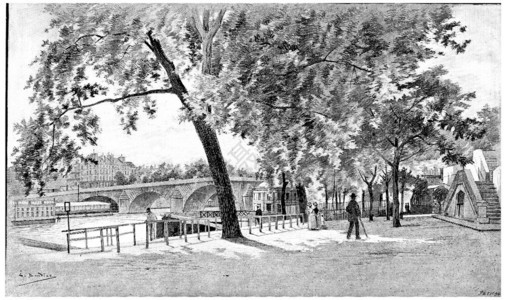 PontRoyal从右边的银行看到靠近浴缸Vigier刻着古老的插图巴黎AugusteVITU1890年图片